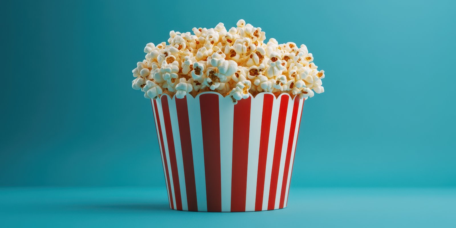 Popcorn in a striped container against a bright blue background, perfect for movie nights and snacks at home